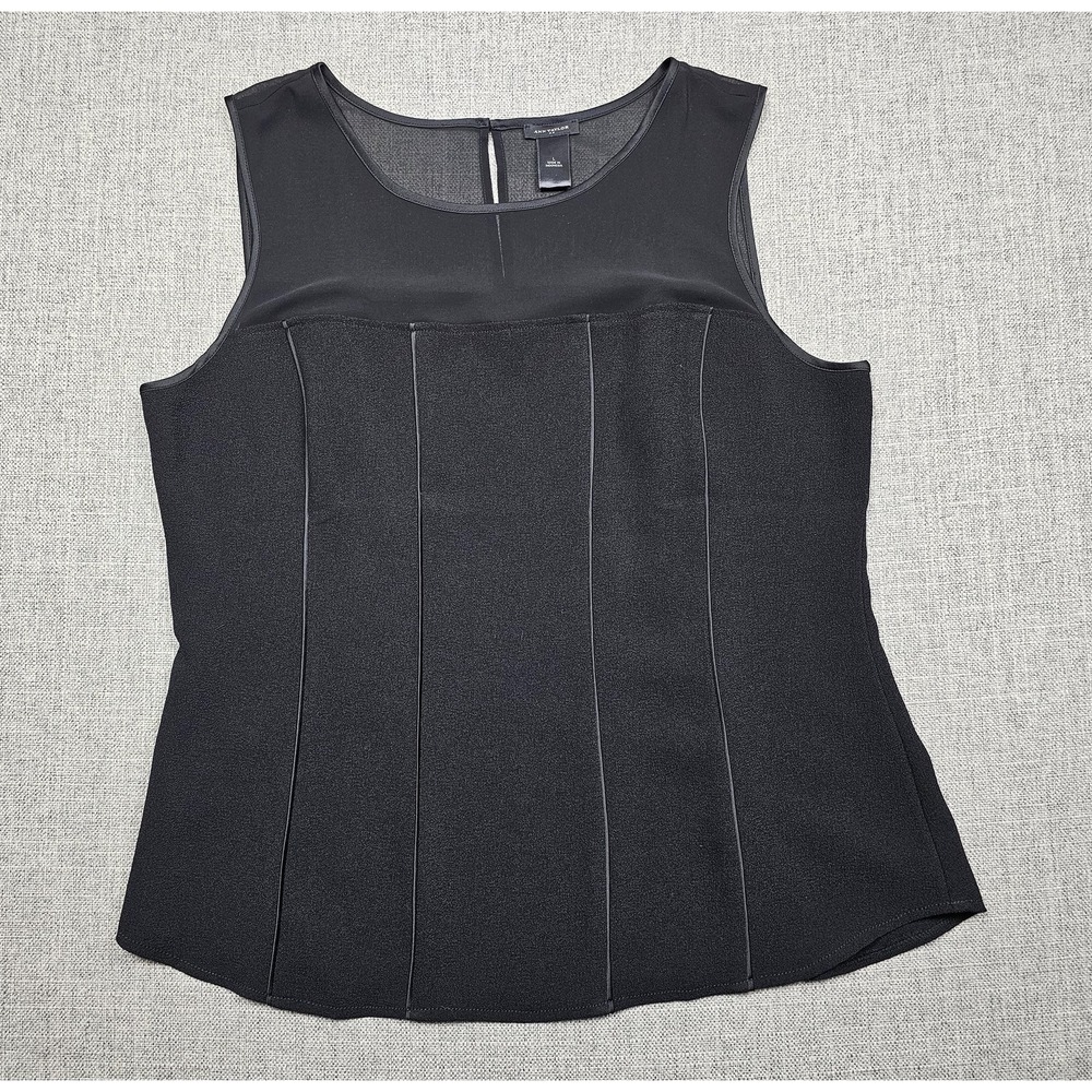 Ann Taylor Blouse Womens Large Black Solid Sleeveless Sheer Yoke‎ Dressy Top